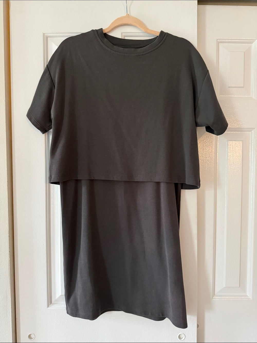 Bae. Maternity Layered Nursing Tee Dress - Charcoal Gray - Small